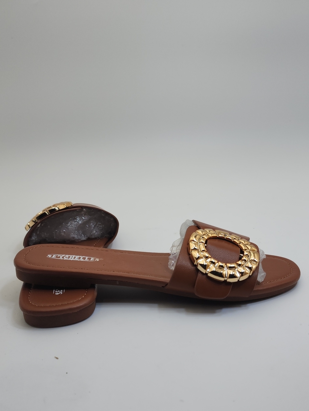 Seychelles Cognac Brown Leather Slide Sandals with Hammered Gold Buckle Sz 7.5 - Picture 5 of 11